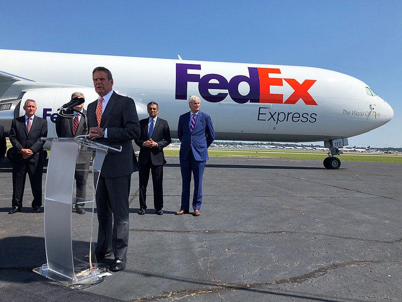 Tennessee Gov. Bill Lee addresses reporters at a news conference announcing an investment by shipping giant FedEx Corp. of $450 billion to help modernize its Memphis hub on Friday. Aug.2, 2019 in Memphis, Tenn. (AP Photo/Adrian Sainz)