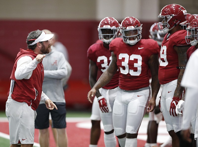 Alabama first-year defensive coordinate Pete Golding gives instructions to players earlier this week in Tuscaloosa. / Alabama photo/Kent Gidley