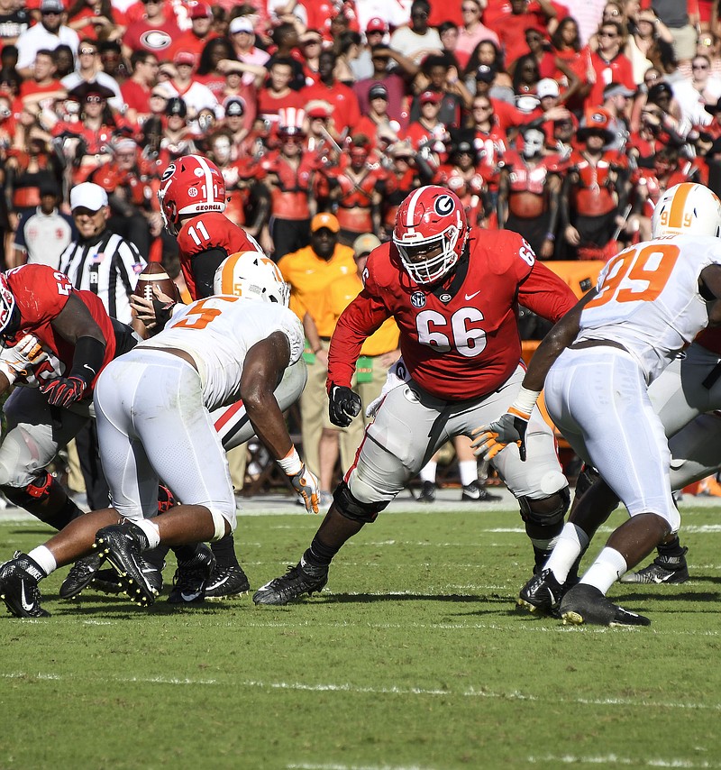 Redshirt junior left guard Solomon Kindley (66) is the only member of Georgia's first-team offensive line who wasn't a top-100 national prospect coming out of high school. / Georgia photo/John Kelley