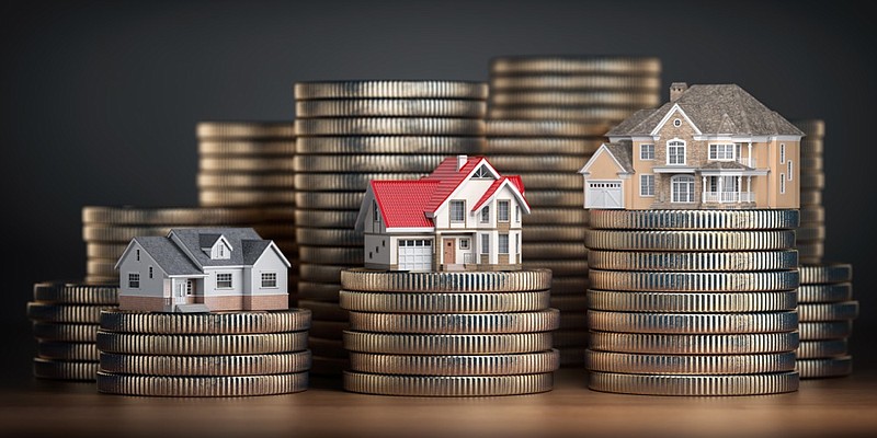 Houses of different size with different value on stacks of coins. Concept of property, mortgage and real estate investment. 3d illustration mortgage tile real estate housing tile / Getty Images
