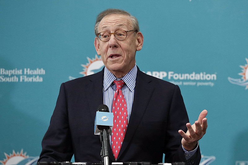 FILE - In this Feb. 4, 2019, file photo, Miami Dolphins owner Stephen Ross speaks in Davie, Fla. Ross, a billionaire New York investor who is hosting a high-dollar fundraiser for President Donald Trump also has a financial interest in the president’s business empire. (AP Photo/Brynn Anderson, File)