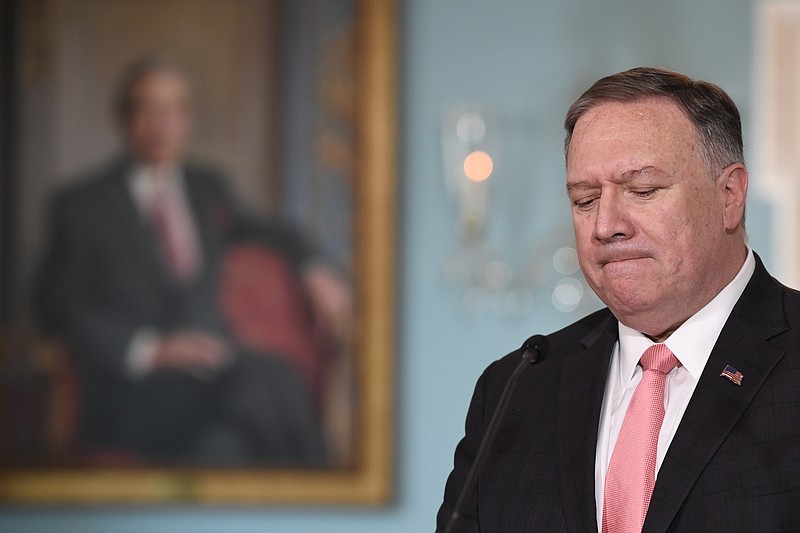 Secretary of State Mike Pompeo speaks during a press availability with Britain's Foreign Secretary Dominic Raab at the State Department in Washington, Wednesday, Aug. 7, 2019. (AP Photo/Susan Walsh)