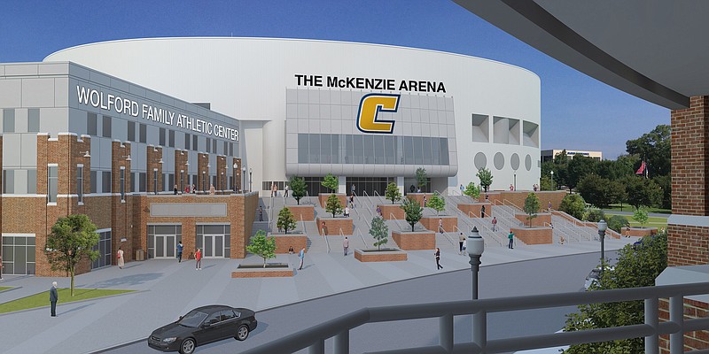 This artist's rendering shows plans for the renovations to McKenzie Arena and the new Wolford Family Athletics Center at University of Tennessee at Chattanooga. The planned construction is now expected to cost $22 million, according to estimates approved last week by the State Building Commission.