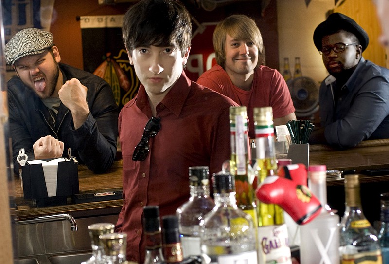 Members of the rock band, Plain White T's, from left, Mike Retondo, Tom Higgenson, Dave Tirio, De'Mar Hamilton, pose for a portrait in Lombard, Ill., Tuesday, Sept. 2, 2008. The band, who laid their claim to fame with the song "Hey There Delilah", will release a new album Sept. 23. (AP Photo/Stacie Freudenberg)