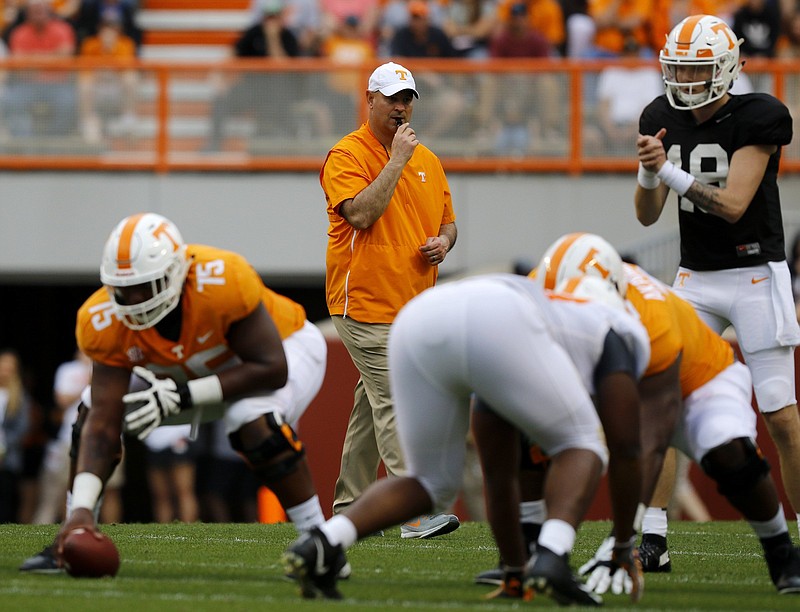Tennessee football coach Jeremy Pruitt looks on before the ball is snapped during the Orange and White spring game at Neyland Stadium on April 13.