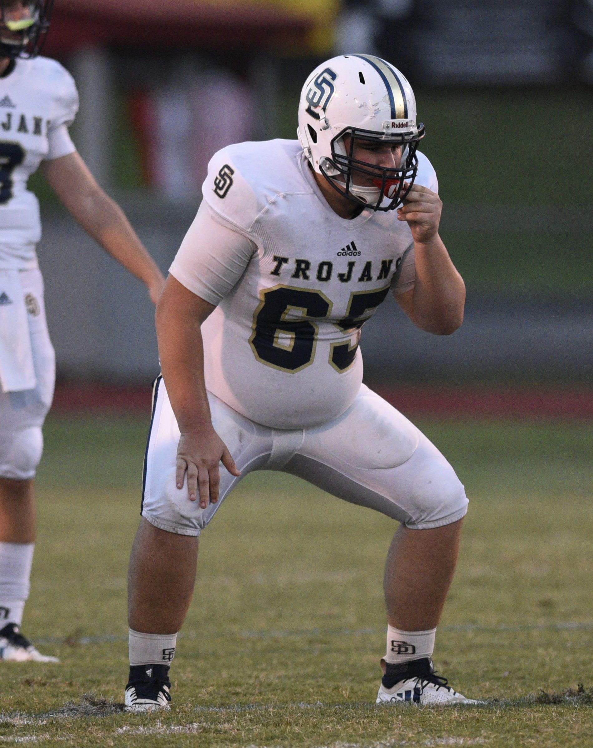Will Riddick (65) plays guard for the Trojans. The Soddy-Daisy Trojans visited the Ooltewah Owls in a TSSAA rivalry game on September 21, 2018.
