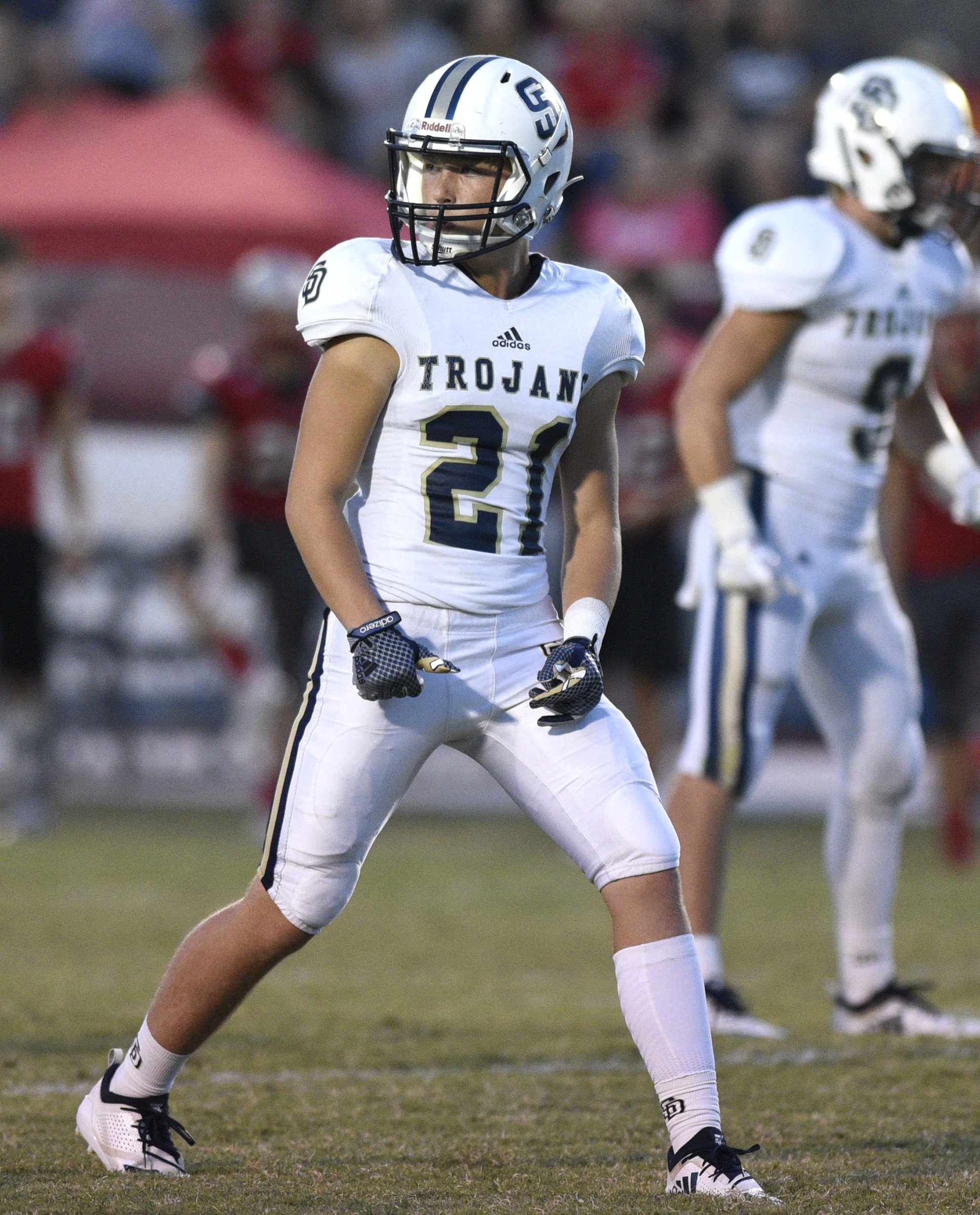 Landon Maynor (21) is a receiver for the Trojans. The Soddy-Daisy Trojans visited the Ooltewah Owls in a TSSAA rivalry game on September 21, 2018.