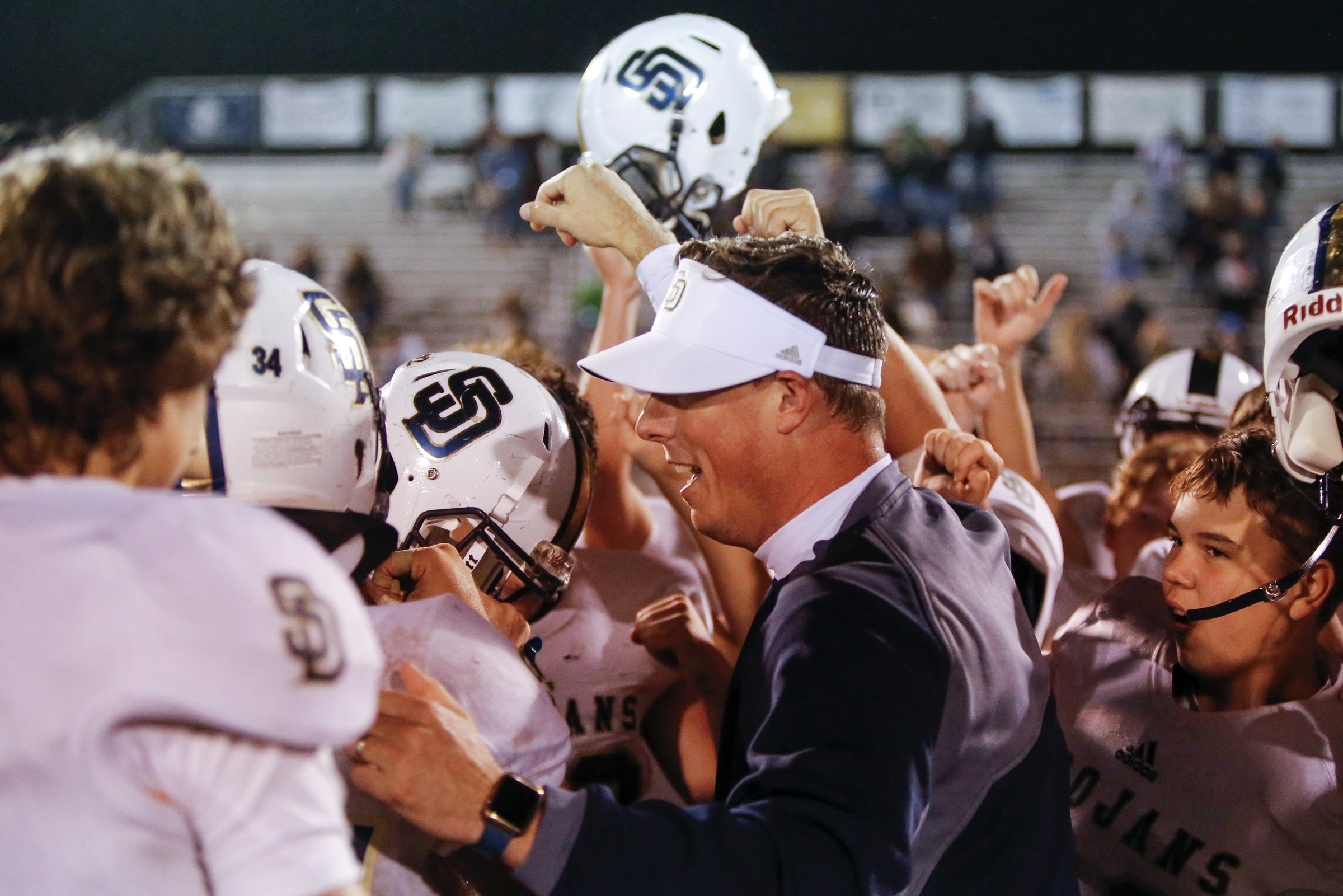 Soddy-Daisy coach Justin Barnes celebrates with his team following their win over Walker Valley at Walker Valley High School on Friday, Oct. 26, 2018 in Cleveland, Tenn.