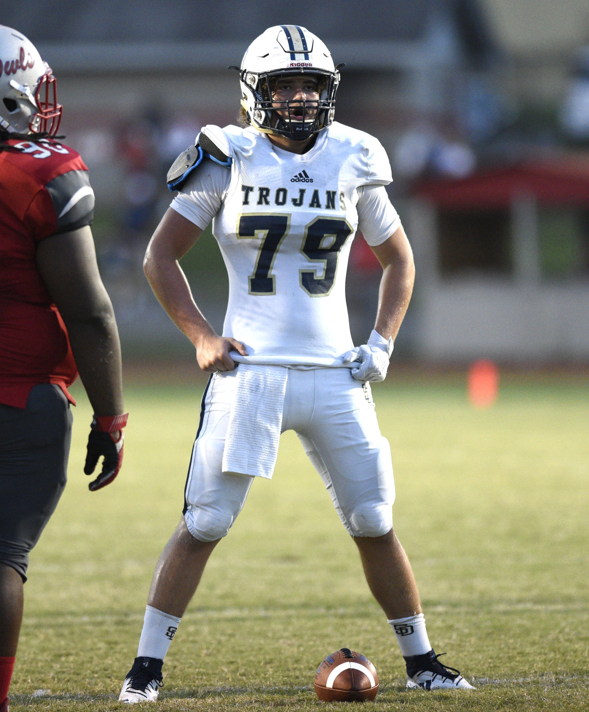Mason Chambers (79) plays center for the Trojans. The Soddy-Daisy Trojans visited the Ooltewah Owls in a TSSAA rivalry game on September 21, 2018.