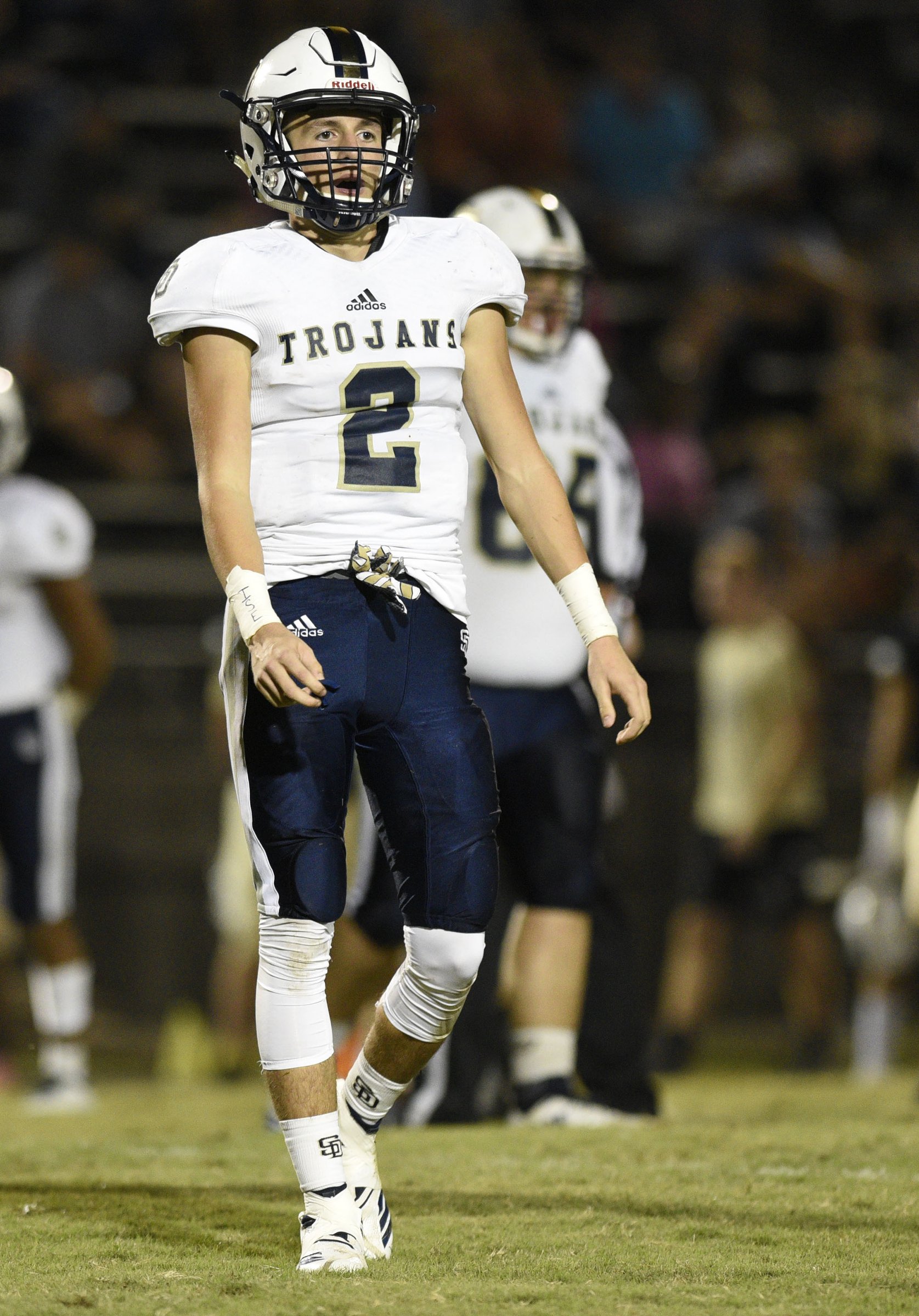 Trojan quarterback Isaac Barnes (2) looks for the play. The Soddy-Daisy Trojans visited the Bradley Central Bears in a TSSAA rivalry game on October 4, 2018.