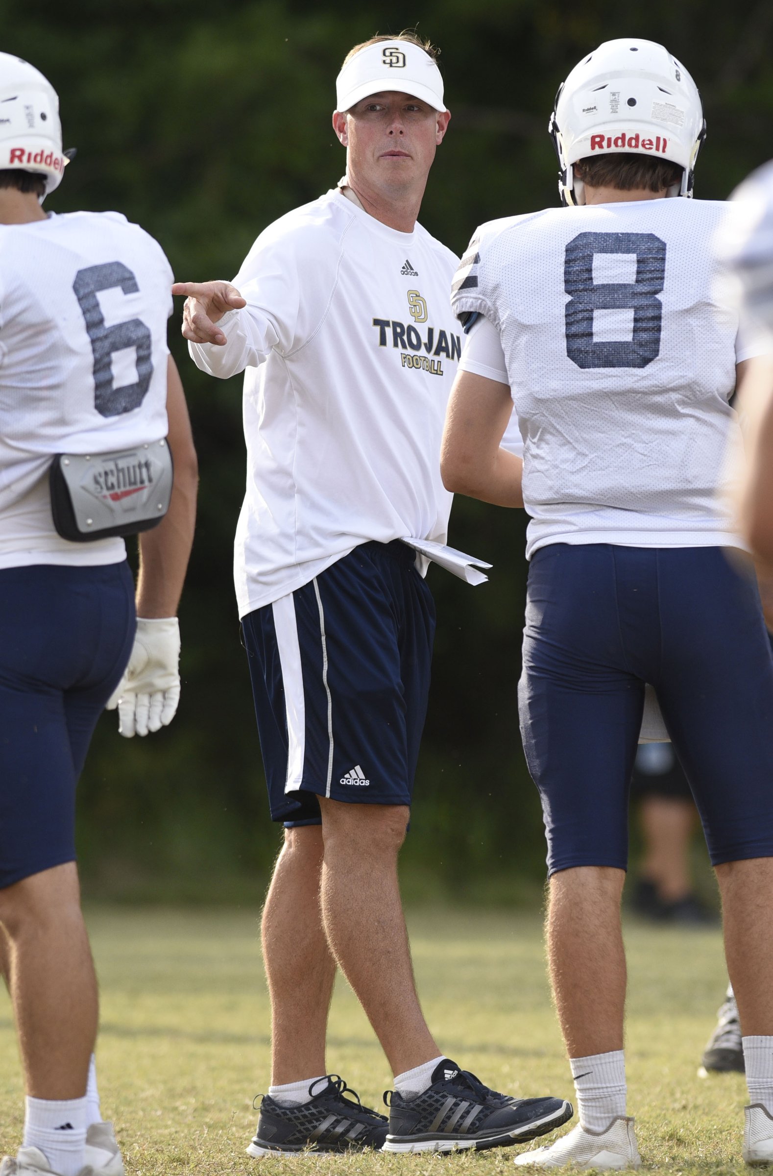 Soddy-Daisy head coach Justin Barnes directs his team. Bradley Central High School hosted a six team high school football scrimmage with East Ridge, McMinn Central, Soddy-Daisy, Hardin Valley and Knoxville Catholic on July 28, 2018.