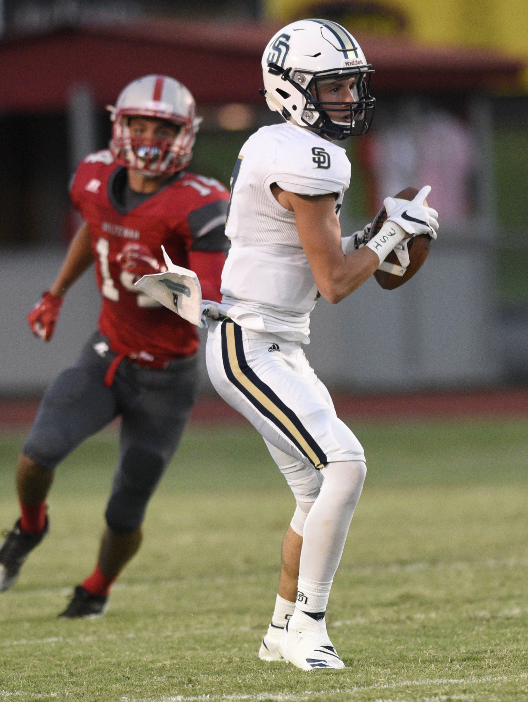 Isaac Barnes (2) pulls down a pass for Soddy-Daisy. The Soddy-Daisy Trojans visited the Ooltewah Owls in a TSSAA rivalry game on September 21, 2018.