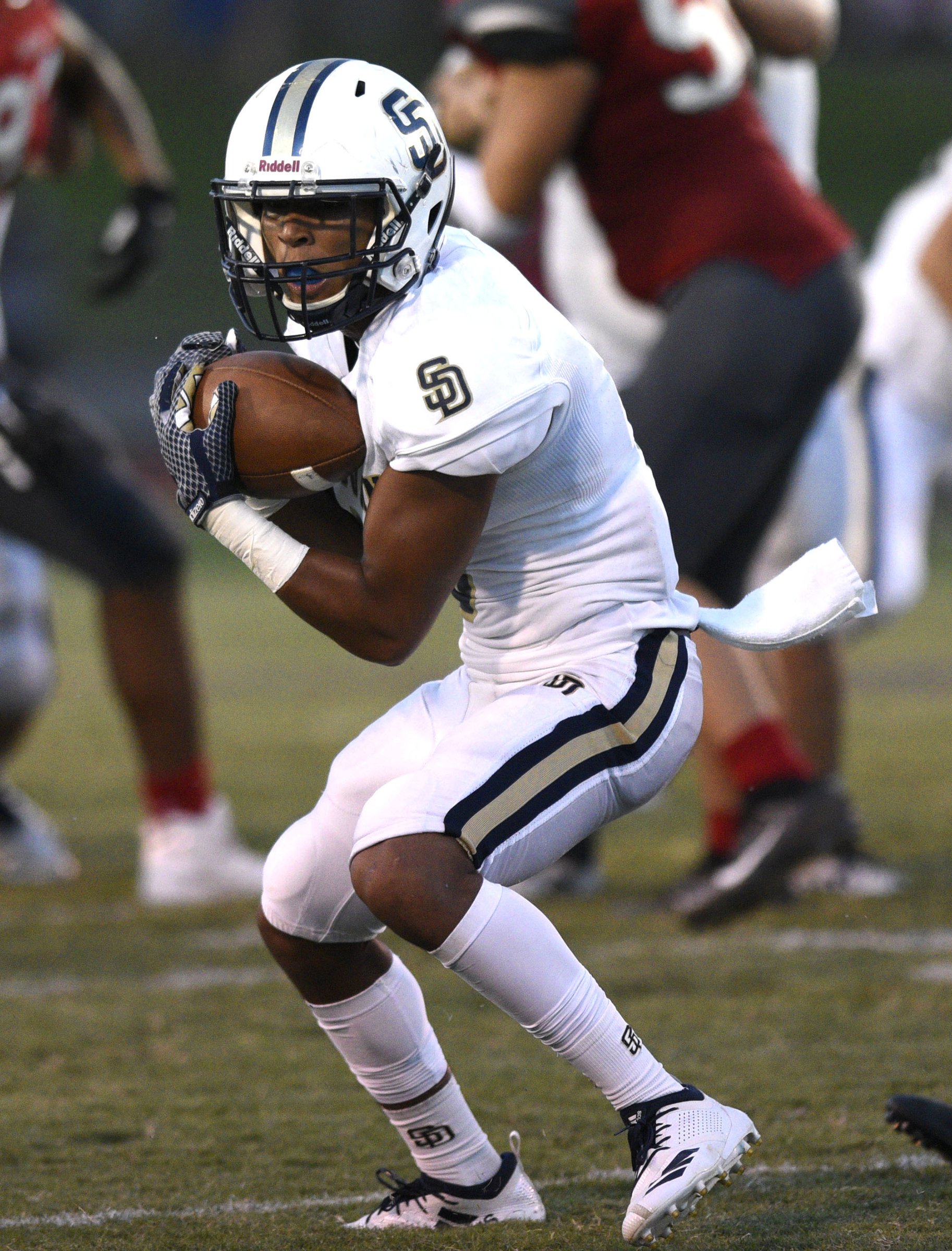 KeSean Eubanks (3) catches a pass for the Trojans. The Soddy-Daisy Trojans visited the Ooltewah Owls in a TSSAA rivalry game on September 21, 2018.