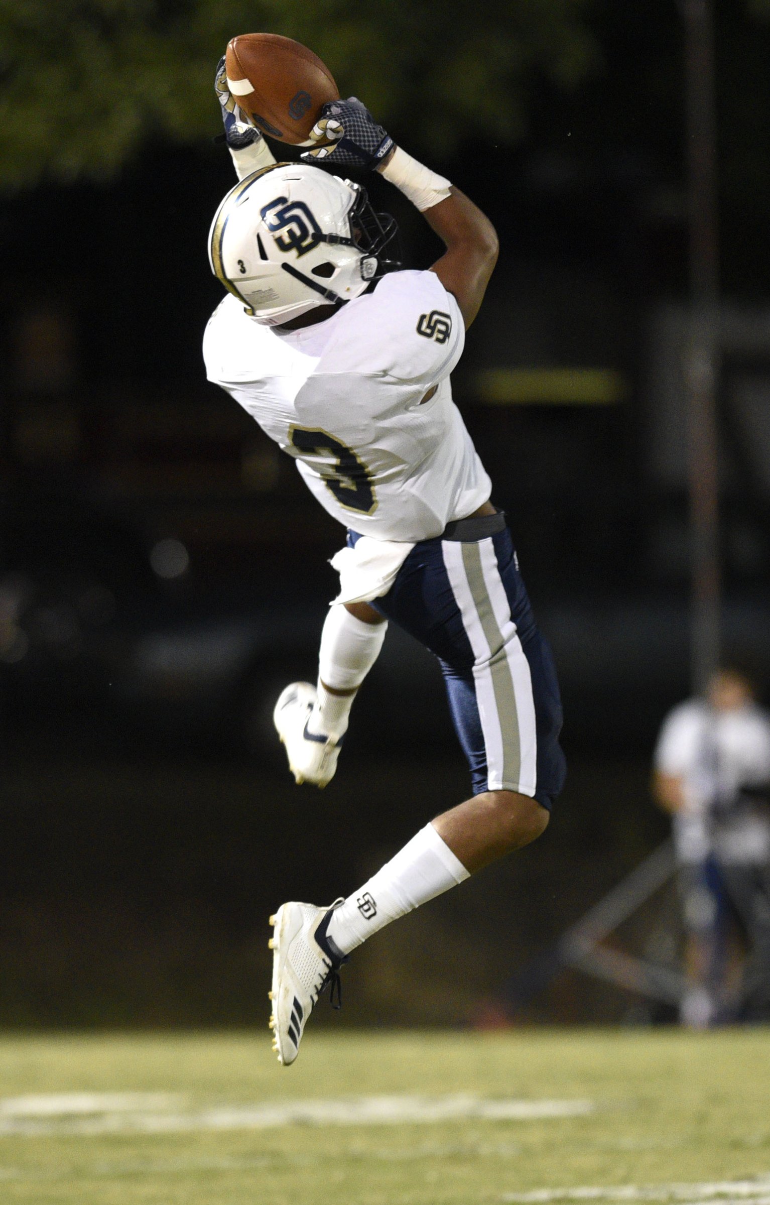 Soddy-Daisy's KeSean Eubanks (3) goes up for a pass reception. The Soddy-Daisy Trojans visited the Bradley Central Bears in a TSSAA rivalry game on October 4, 2018.
