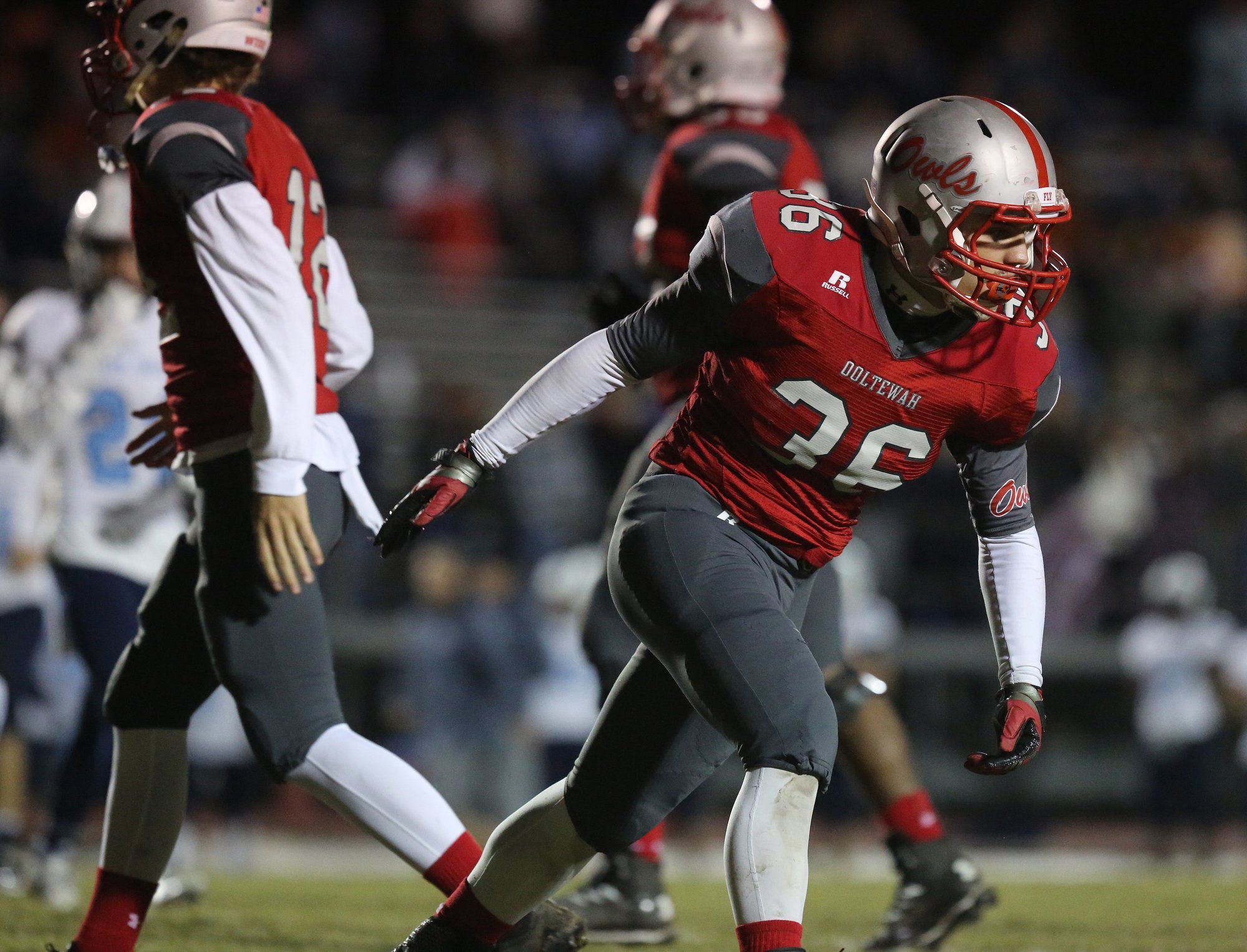 Ooltewah's Josh Shevlin (36) celebrates during the first half of the Ooltewah vs. Hardin Valley football game at Jim Jarvis Field at Ooltewah High School Friday, November 2, 2018 in Ooltewah, Tennessee. The game was the first round of the Class 6A football playoffs.