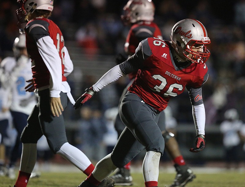 Ooltewah's Josh Shevlin (36) celebrates during the first half of the Ooltewah vs. Hardin Valley football game at Jim Jarvis Field at Ooltewah High School Friday, November 2, 2018 in Ooltewah, Tennessee. The game was the first round of the Class 6A football playoffs.