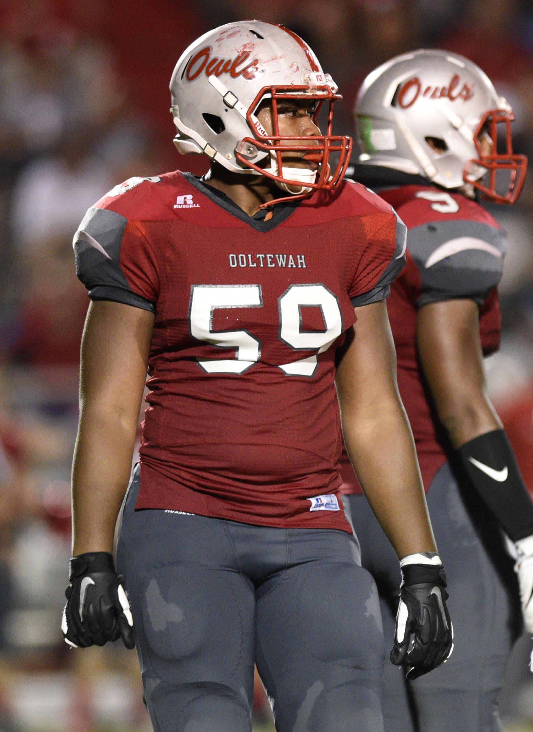 Tre Johnson (59) plays on the line for the Owls. The Soddy-Daisy Trojans visited the Ooltewah Owls in a TSSAA rivalry game on September 21, 2018.