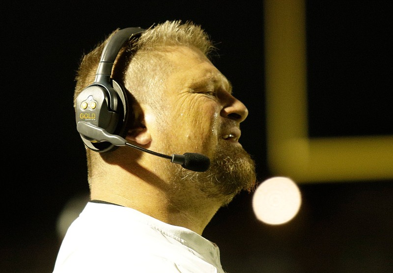 Lakeview-Fort Oglethorpe head football coach Bo Campbell reacts to a call on the field during their prep football game against Ringgold at Lakeview Fort Oglethorpe High School on Friday, Sept. 14, 2018, in Fort Oglethorpe, Tenn. 
