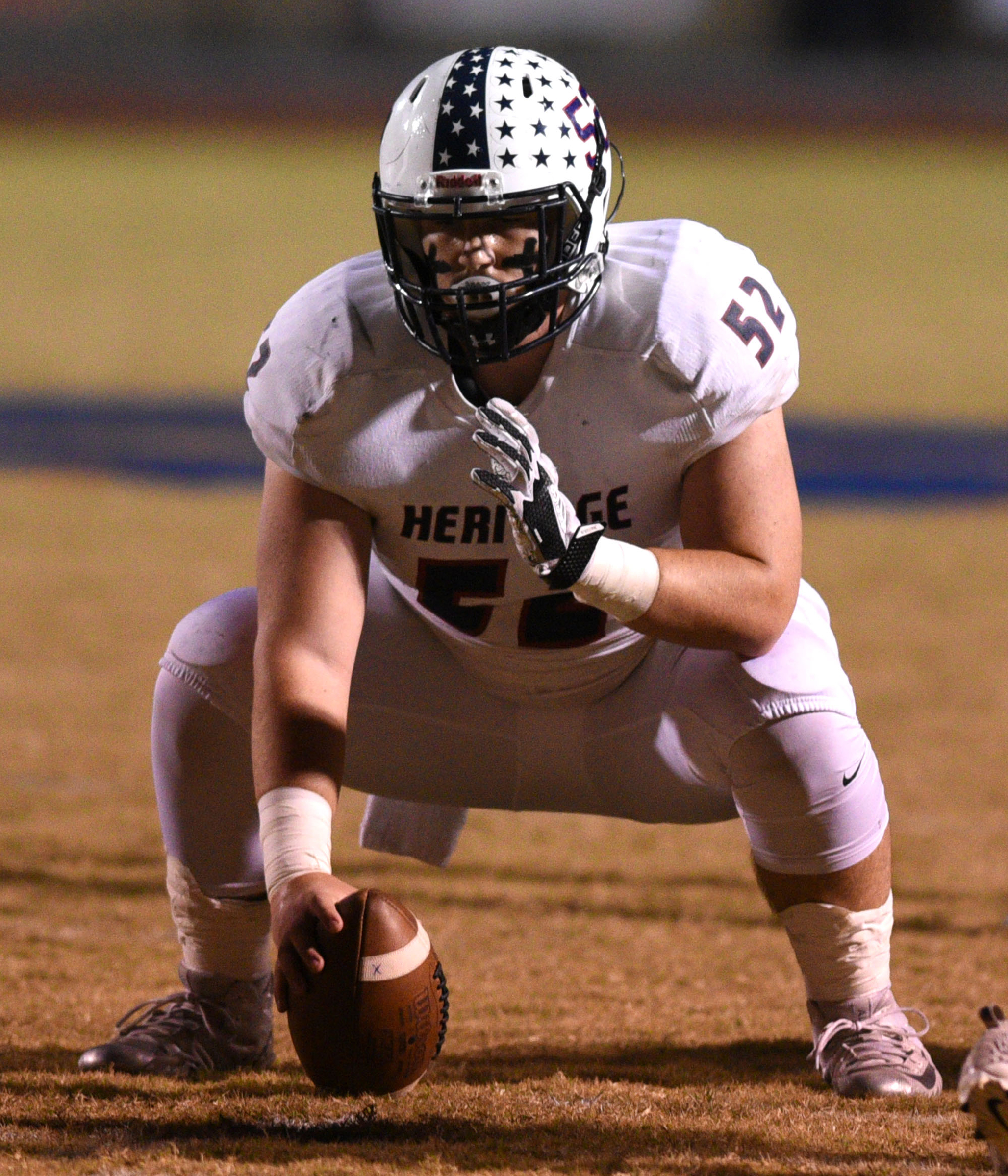 Derek Gibson (52) plays center for Heritage. The Heritage Generals visited the Northwest Whitfield Bruins in GHSA football action on October 6, 2017.