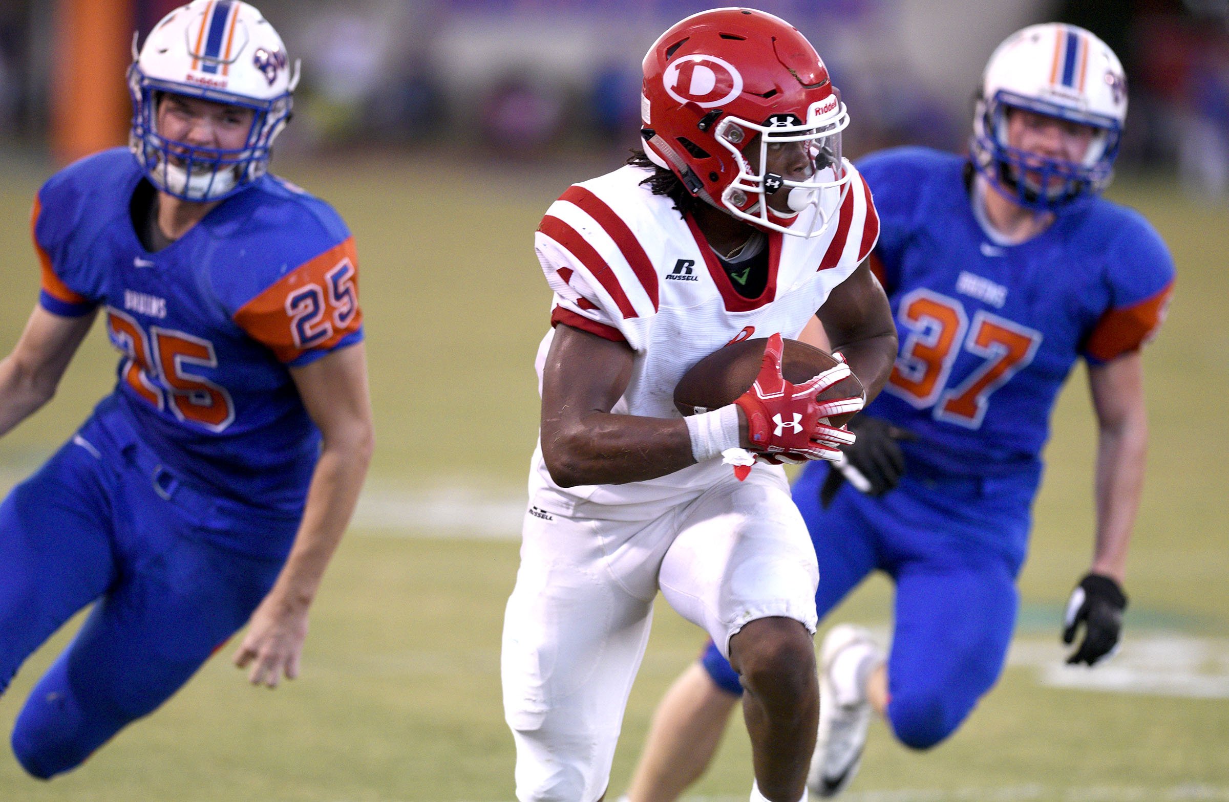 Dalton's Jahmyr Gibbs (1) is gains yardage after a pass reception.  The Northwest Whitfield Bruins hosted the Dalton Catamounts in a North Georgia rivalry game on August 31, 2018.