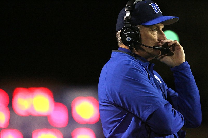 Staff photo by Erin O. Smith / McCallie football coach Ralph Potter and the Blue Tornado will try to open their Division II-AAA East Region schedule with a big win at Brentwood Academy.