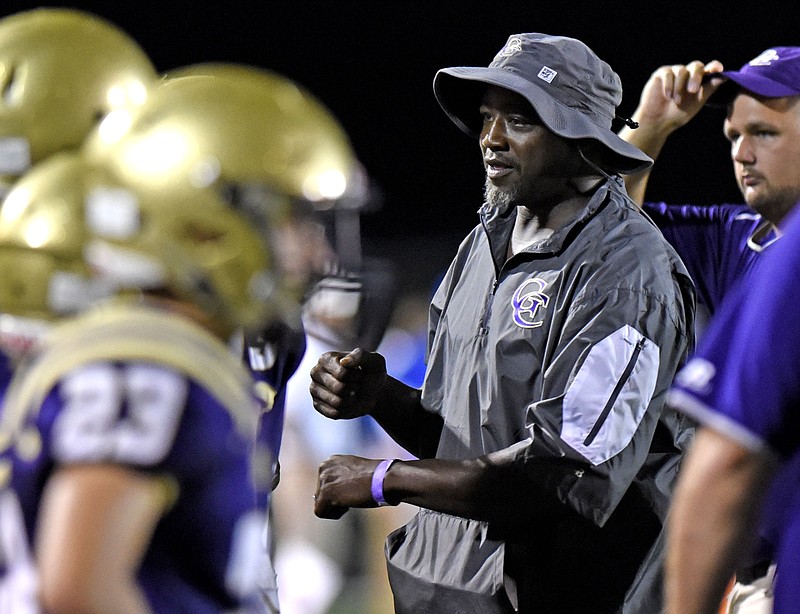 Grundy head coach, Tracy Hayworth encourages his Yellow Jackets.  Marion County High School hosted the Sequatchie Valley Football Jamboree that featured eight area teams on August 10, 2018.  