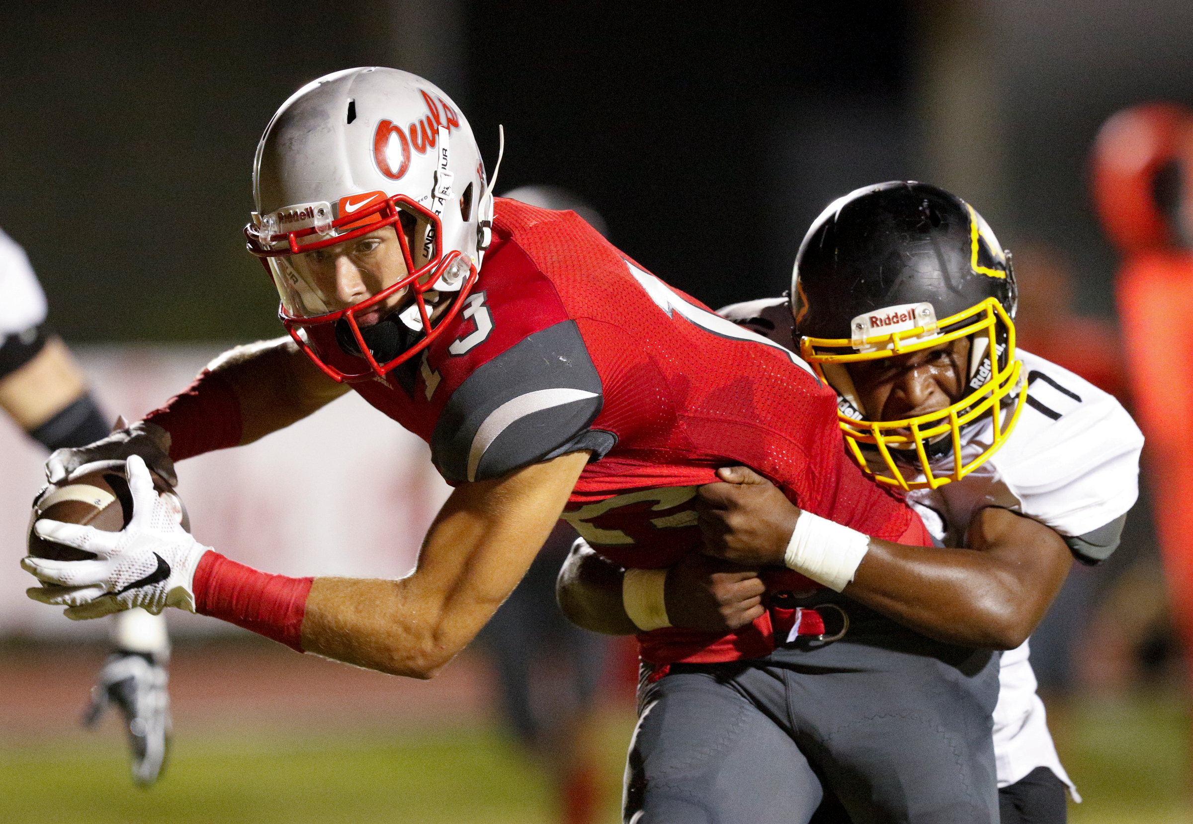 McMinn County's Jalen Hunt tackles Ooltewah's Andrew Manning during their prep football game at Ooltewah High School on Thursday, Oct. 5, 2017, in Chattanooga, Tenn.