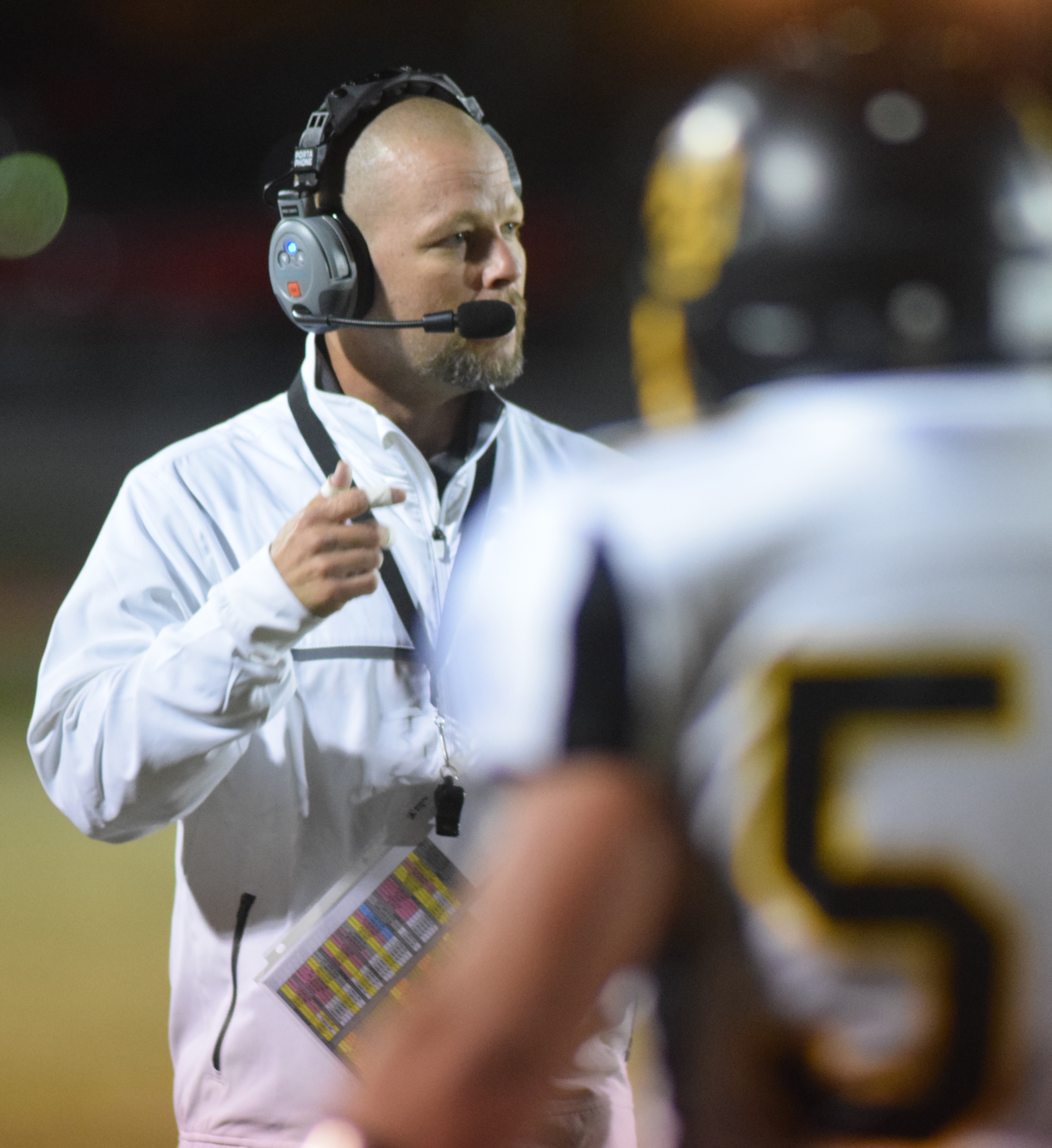 Cherokee head coach Bo Cagle greets his offense as they come off the field. The McMinn County Cherokees visited the Ooltewah Owls in TSSAA football action Friday night.