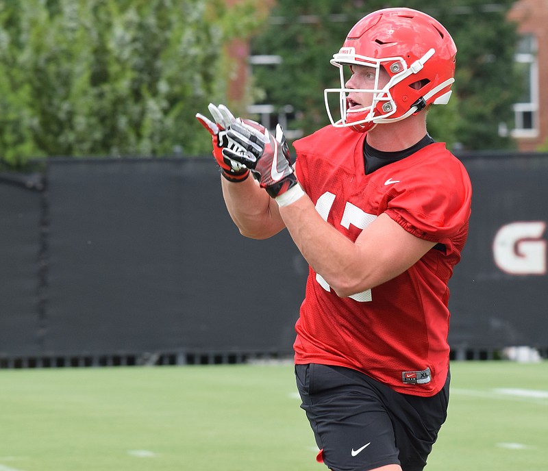 Georgia tight end Eli Wolf, a graduate transfer from Tennessee, goes through a workout in Athens earlier this month.