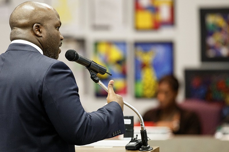 Staff photo by C.B. Schmelter / Superintendent Bryan Johnson presents his 2019-20 budget to the school board at the Hamilton County Schools board room on Thursday, April 25, 2019 in Chattanooga, Tenn.