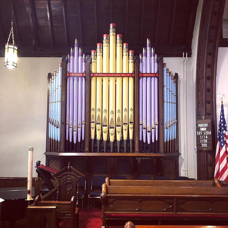 The colorful pipes at Cleveland's St. Luke's Episcopal were created in the Barger & Nix Organs shop in McDonald, Tennessee, with the help of Ooltewah's Printing Expressions. / Photo provided by Barger & Nix Organs