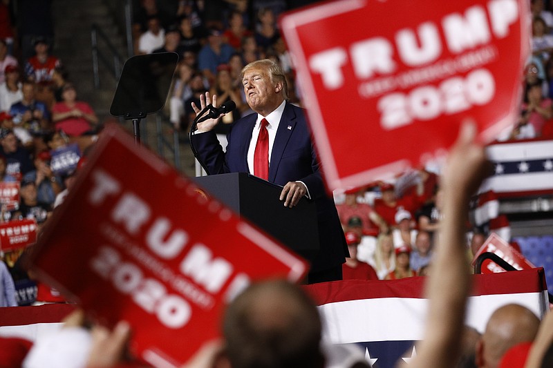 President Donald Trump speaks at a campaign rally, Thursday, Aug. 15, 2019, in Manchester, N.H. (AP Photo/Patrick Semansky)