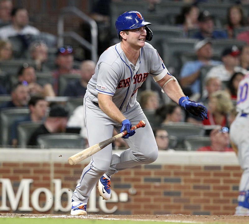 New York Mets rookie Pete Alonso watches his two-run single against the Atlanta Braves during the fifth inning of Thursday night's game in Atlanta.