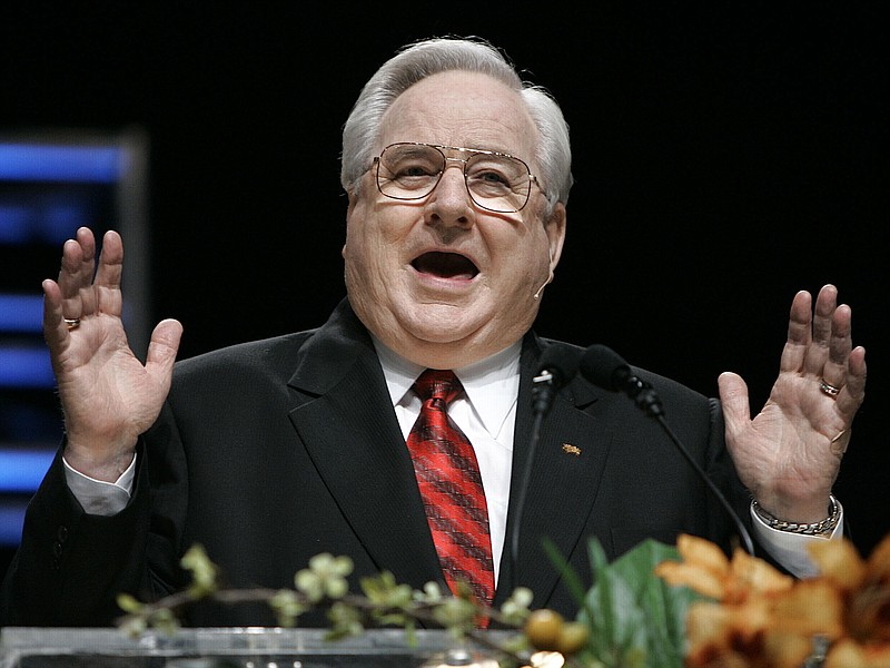 The late Rev. Jerry Falwell speaks at the SBC Pastors' Conference in Nashville on in a June 20, 2005. (AP Photo/Mark Humphrey, File)