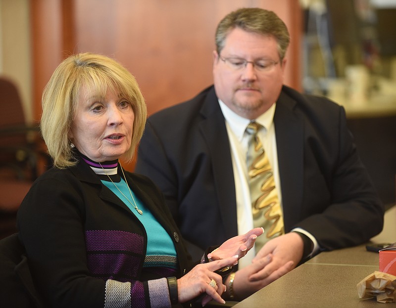 Tennessee State Rep. Patsy Hazlewood, left, talks as  Tennessee State Rep. Marc Gravitt listens Tuesday, January 5, 2016 during a meeting at the Chattanooga Times Free Press.