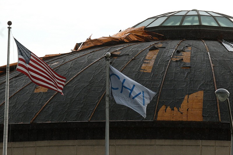 Damage to the Chattanooga Airport roof is seen on Tuesday, July 30, 2019, in Chattanooga, Tenn. 