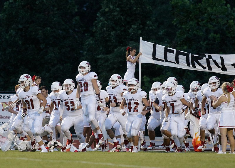 Whitwell takes the field for their prep football game at Signal Mountain High School on Friday, Sept. 7, 2018.