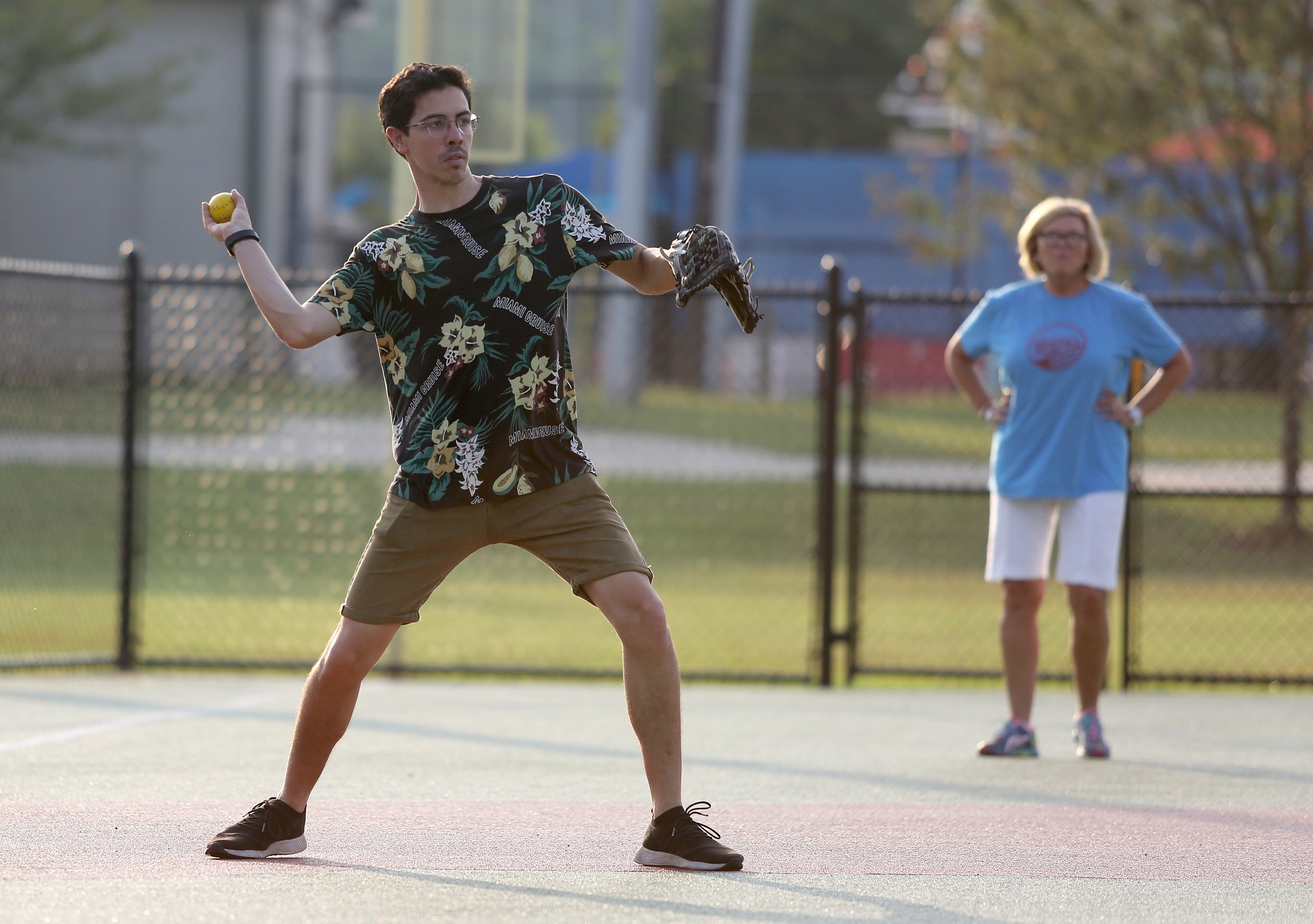 Staff photo by Erin O. Smith / Zack Rodriguez, 26, throws the ball to first during the Miracle League survivors vs. miracles ball game August 20, 2019 in Chattanooga, Tennessee. The event was a part of the monthly support group for those with brain injuries and was held to promote education on brain injuries and encourage socialization among those those with brain injuries.