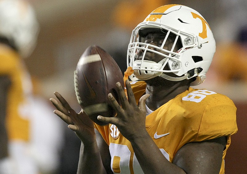 Tennesee's LaTrell Bumphus warms up before a home game against LSU in November 2017. Bumphus, who is entering his junior season, has played primarily at tight end and on special teams for the Vols but is practicing with the defensive line this preseason.