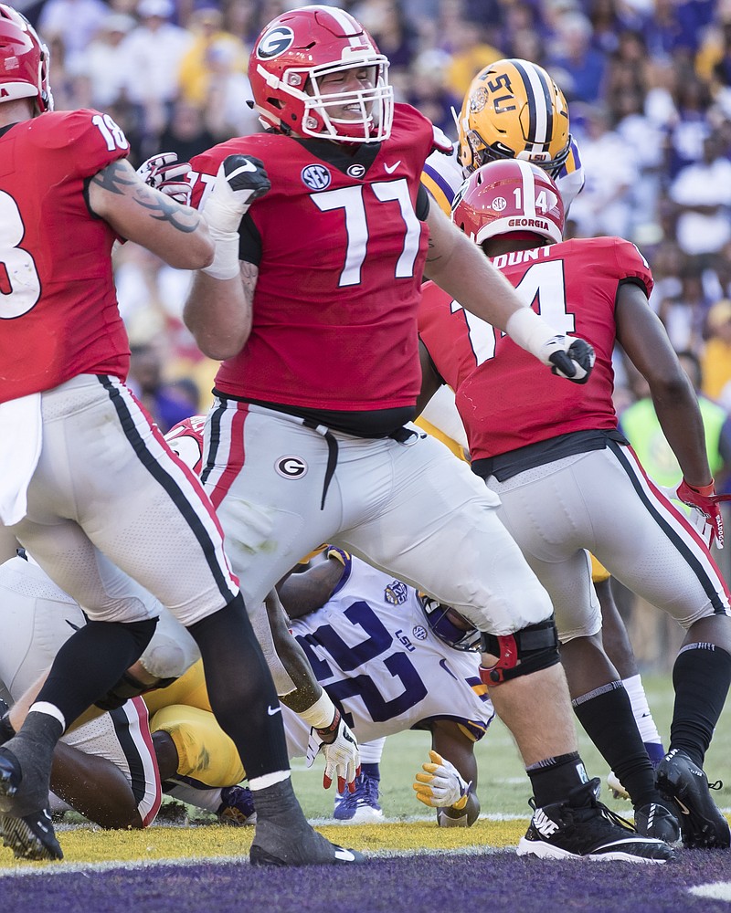 Georgia offensive lineman Cade Mays (77) made seven starts last season as a freshman but is currently a backup for the Bulldogs, with the Knoxville native having worked at all five positions up front.