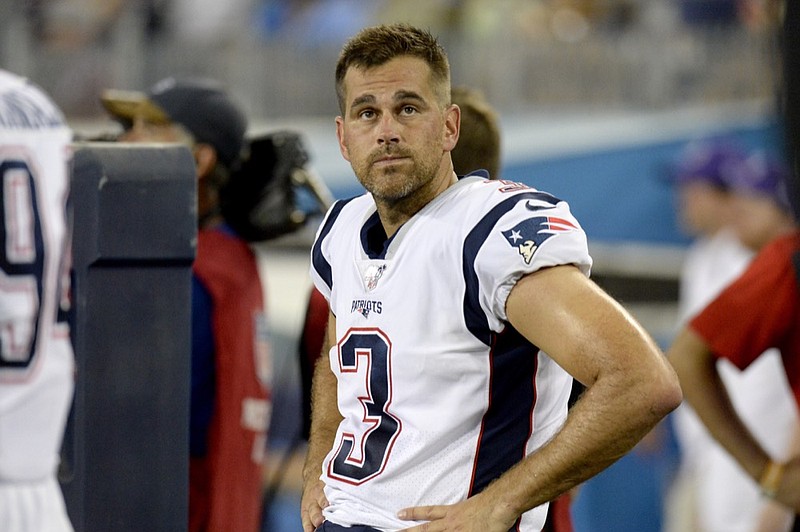 New England Patriots kicker Stephen Gostkowski looks at the scoreboard in the second half of a preseason NFL football game against the Tennessee Titans Saturday, Aug. 17, 2019, in Nashville, Tenn. (AP Photo/Mark Zaleski)


