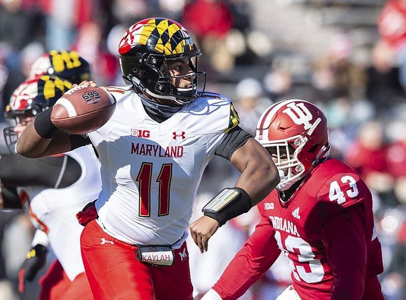 Kasim Hill drops back to pass during Maryland's game at Indiana in November 2018. Hill played two injury-shortened seasons for the Terrapins but is set to join Tennessee as a walk-on player.