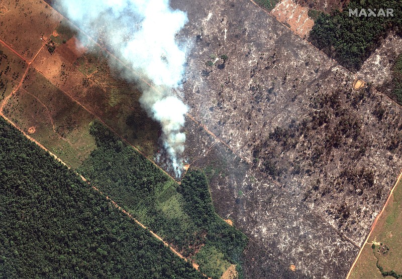 This Aug. 15, 2019, satellite image from Maxar Technologies shows closeup view of a fire southwest of Porto Velho Brazil. Brazil's National Institute for Space Research, a federal agency monitoring deforestation and wildfires, said the country has seen a record number of wildfires this year as of Tuesday, Aug. 20. (Satellite image ©2019 Maxar Technologies via AP)