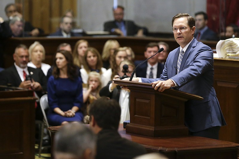Rep. Cameron Sexton, R-Crossville, addresses the House members after being sworn in as House Speaker during a special session of the Tennessee House Friday, Aug. 23, 2019, in Nashville, Tenn. (AP Photo/Mark Humphrey)