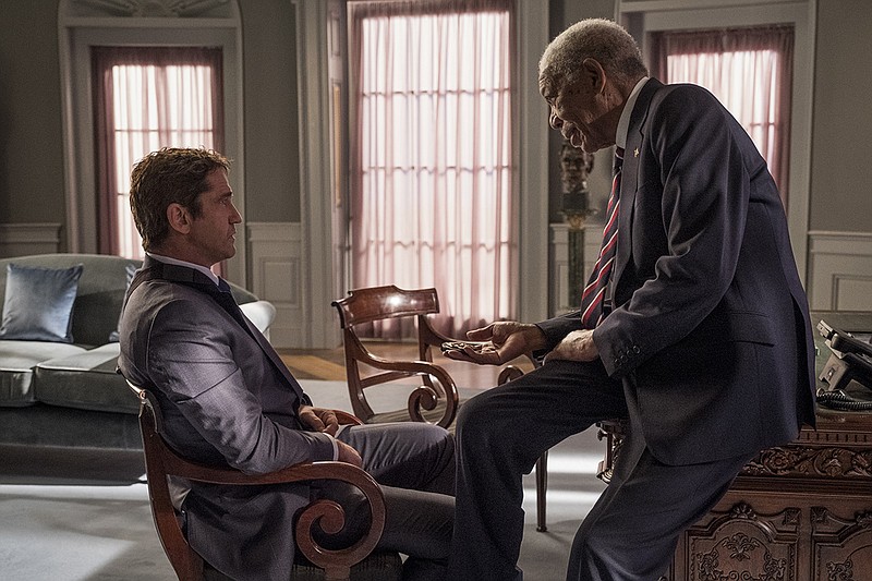 This image released by Lionsgate shows Gerard Butler, left and Morgan Freeman in "Angel Has Fallen," directed by Ric Roman Waugh. (Jack English/Lionsgate via AP)