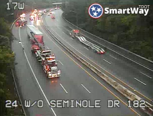 A tractor trailer jack-knifed Monday evening, blocking the right lanes of Interstate 24 westbound on the ridgecut, according to the Tennessee Department of Transportation's SmartWay traffic website.