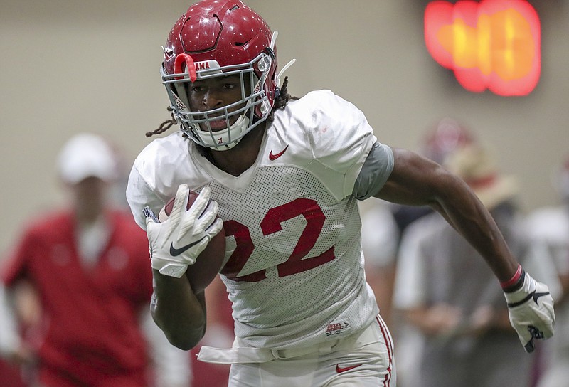 Alabama junior running back Najee Harris, shown here during Tuesday's practice, reportedly has been suspended for the start of Saturday's season opener against Duke in Atlanta. / Alabama photo/Kent Gidley