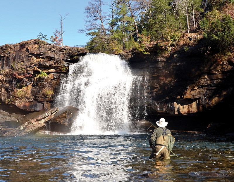 Adventurous anglers will find stunning scenery at the bottom of Little River Canyon's Little River Falls, a 45-foot horseshoe cataract visible from State Route 35 in Alabama. / Photo by Nick Carter