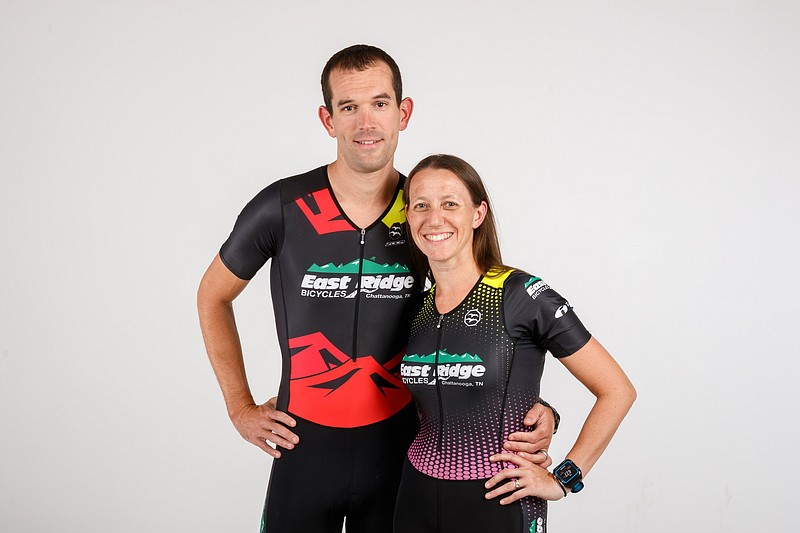 Husband-and-wife triathletes James DeLong and Jenny DeLong pose for a portrait in the Times Free Press studio on Thursday, July 18, 2019, in Chattanooga, Tenn. 