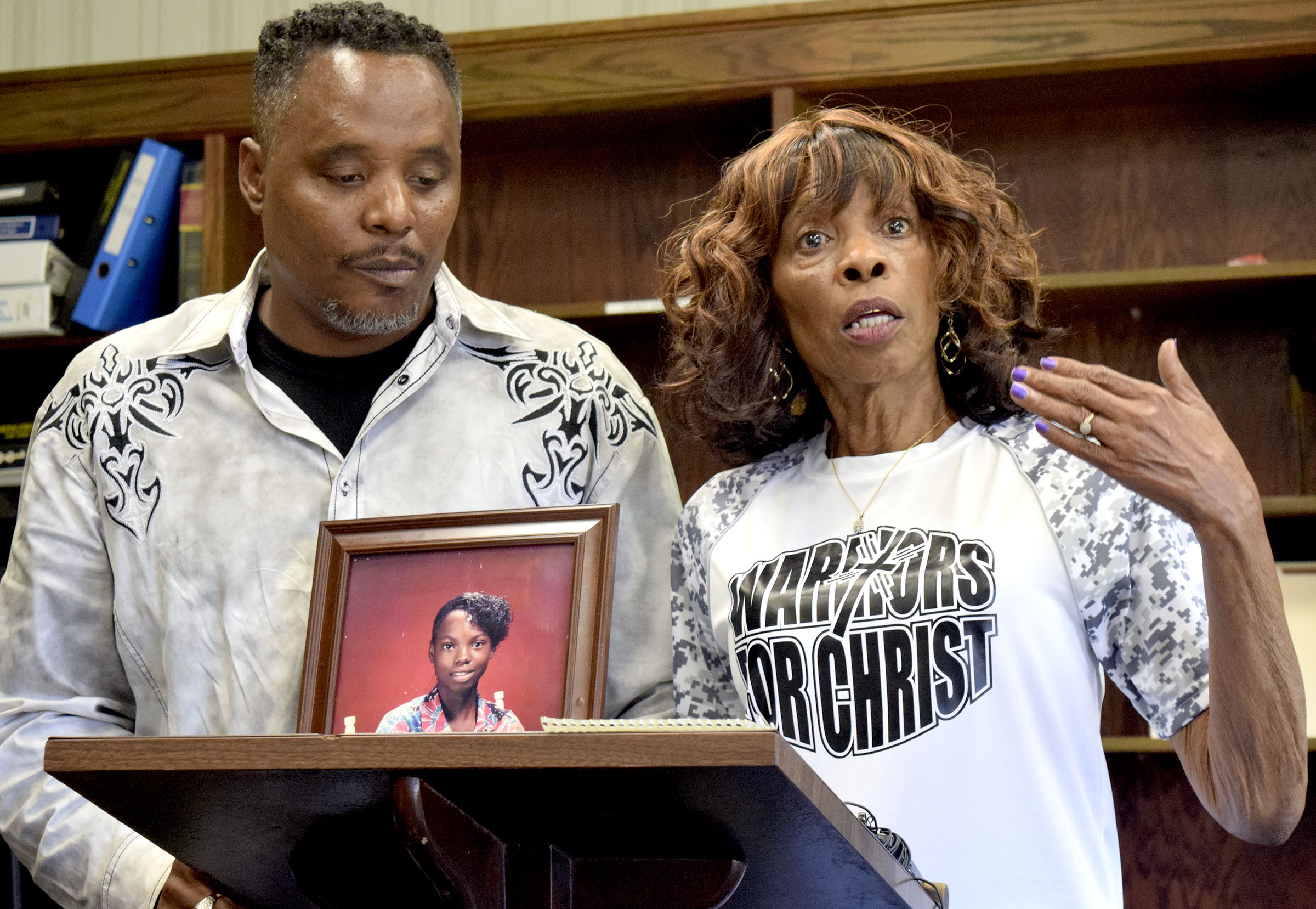 Staff Photo by Robin Rudd/ Tonetta Carlisle's mother Nonie Sturdivant discusses the recent developments in the case of her daughter's disappearance. Standing beside Ms. Sturdivant is Tonetta's brother, Darrell Stewart. The Hamilton County District Attorney office announced the reopening of a cold case. Tonetta Carlisle was 15-years old when she disappeared on March 16, 1989. Jeffery Jones was listed as a person-of-interest during the press conference held on August 29, 2019.